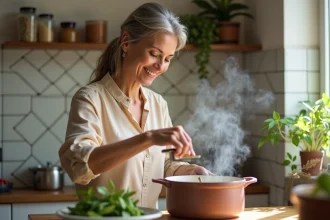 Femme souriante ouvrant une cocotte-minute dans une cuisine chaleureuse