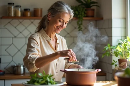 Femme souriante ouvrant une cocotte-minute dans une cuisine chaleureuse