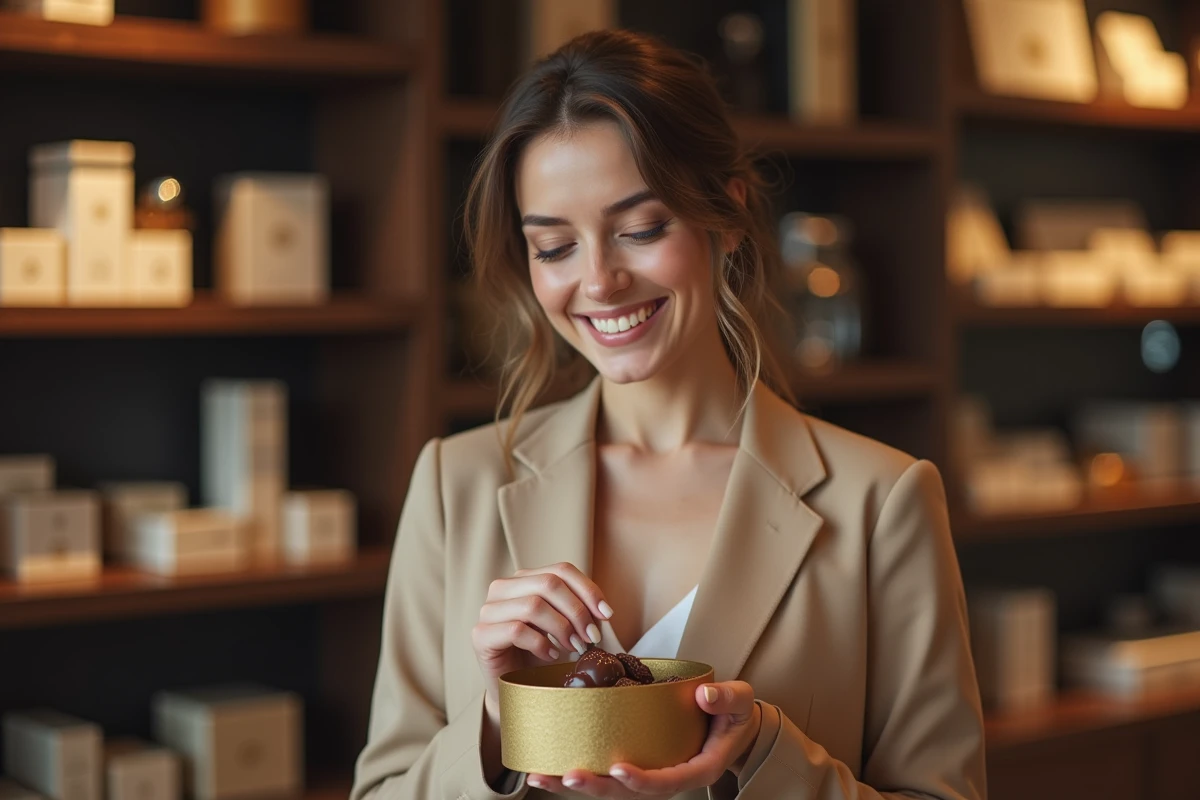 Femme élégante en blazer beige tenant un coffret de chocolats de luxe style Dubaï dans une boutique raffinée aux étagères en bois sombre