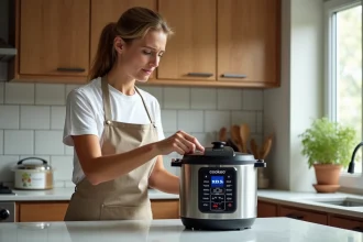 Femme en tablier face à un Cookeo affichant un code erreur 24 dans une cuisine moderne