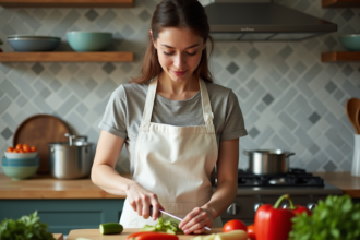 Femme en tablier de coton coupe des légumes en cuisine