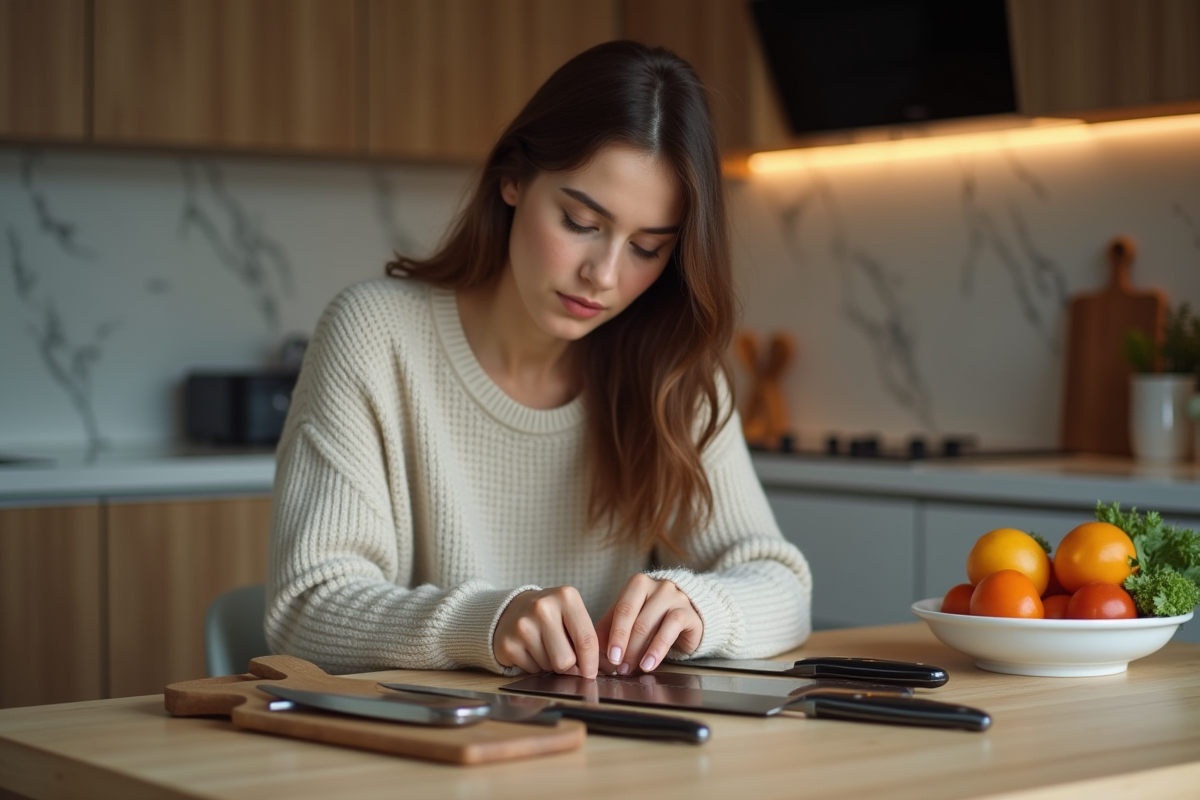 Jeune femme examine un couteau dans une cuisine moderne