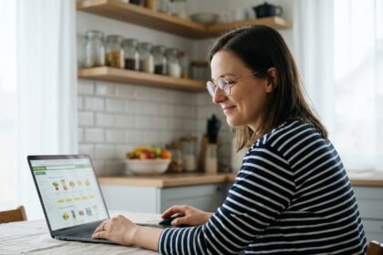 Femme en cuisine choisissant des courses en ligne