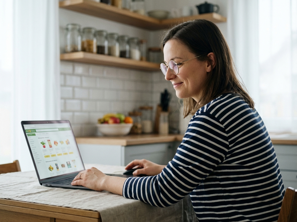 Femme en cuisine choisissant des courses en ligne