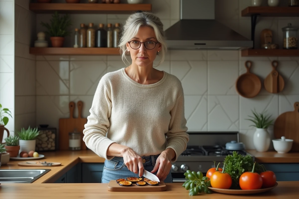 Femme en cuisine coupant des aubergines rôties
