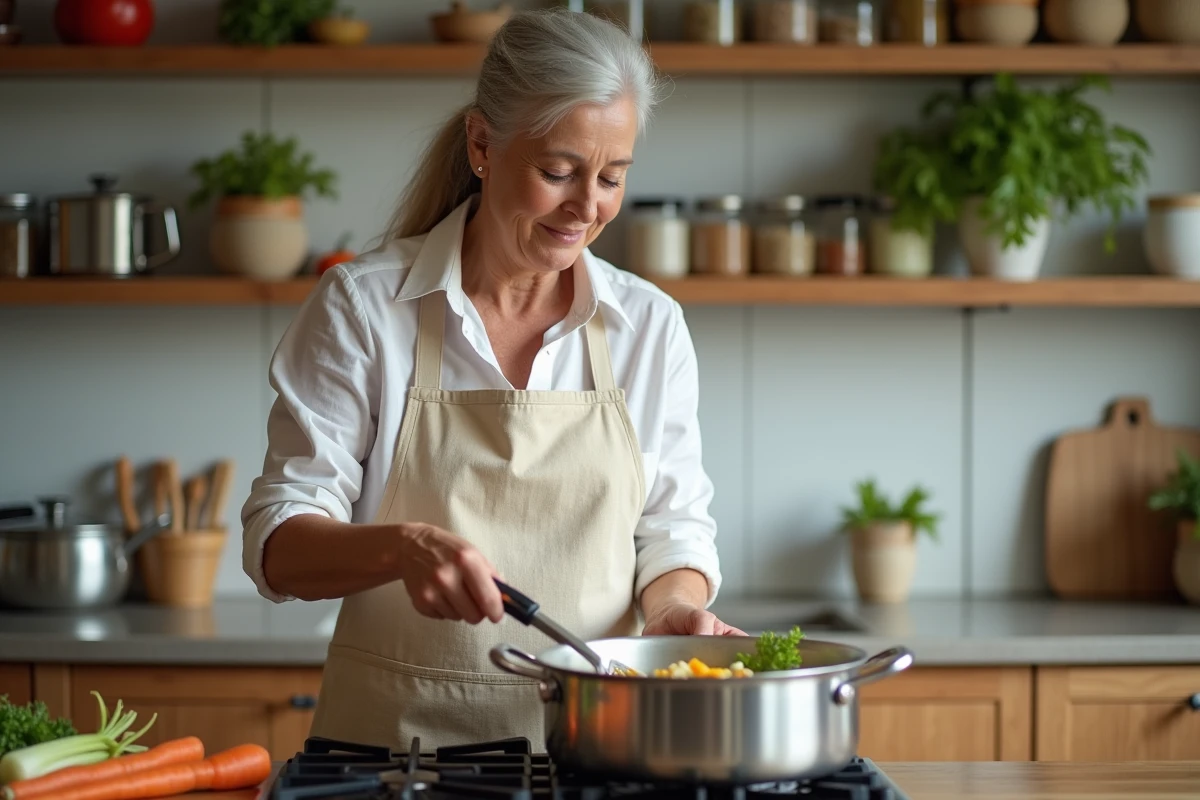Femme cuisinant une blanquette de veau maison dans une cuisine familiale, remuant le ragoût dans une grande casserole