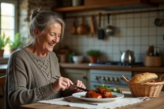 Femme en pull cuisine veau rein à la maison