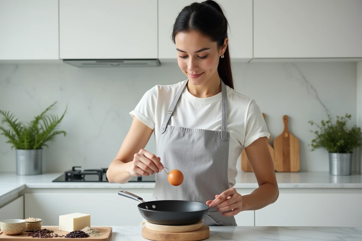 Femme préparant des œufs au plat avec des alternatives protéinées sans lactose dans une cuisine moderne