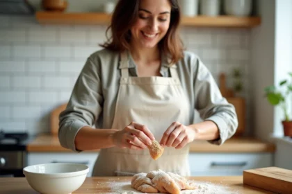 Jeune femme en tablier de lin souriante en cuisinant du poulet