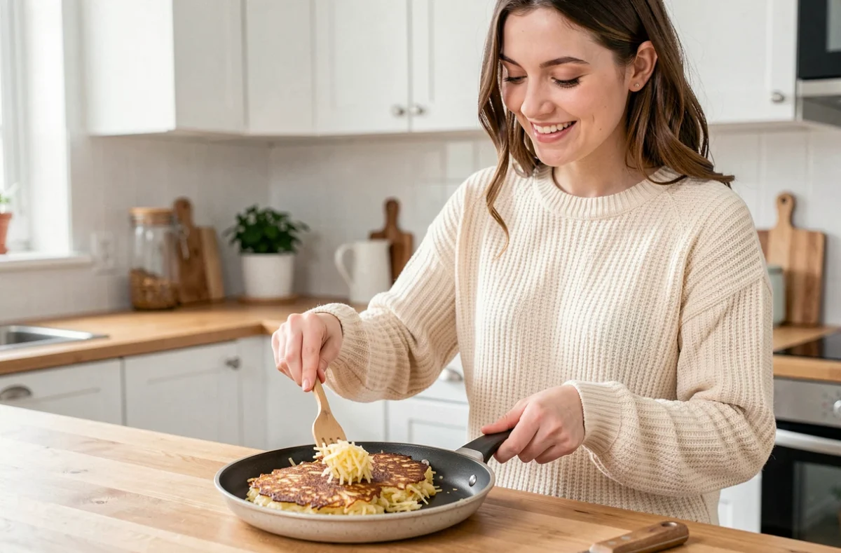 Jeune femme souriante en pull crème dressant un râpé de pommes de terre doré dans une cuisine scandinave lumineuse