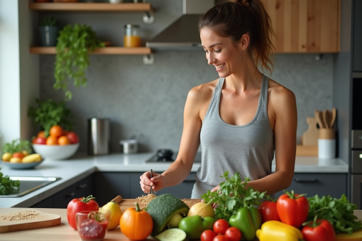 Femme arrangeant des légumes frais dans une cuisine moderne
