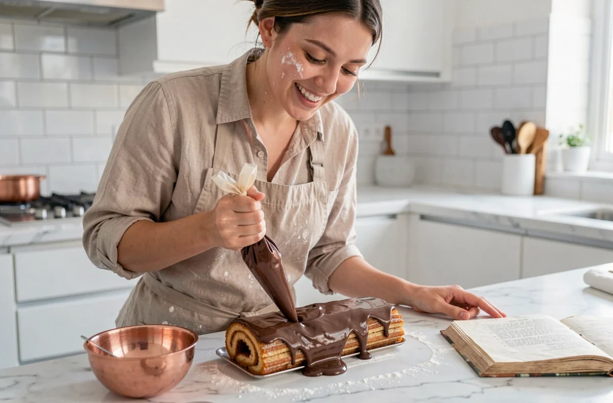 Femme préparant un gâteau roulé espagnol au chocolat dans une cuisine moderne avec tablier fariné