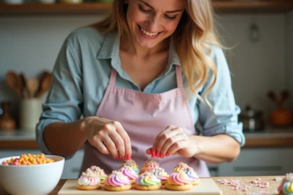 Femme souriante décorant des biscuits unicorns colorés