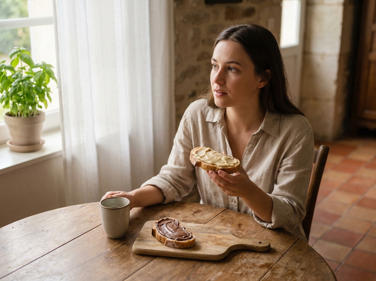 Jeune femme comparant une tartine à la pâte de noisettes et une tartine à la crème d'amandes lors d'un goûter à domicile