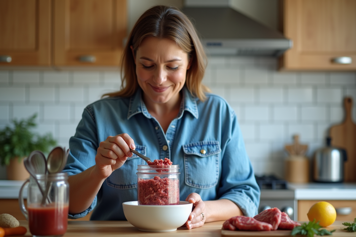 Femme en chemise en denim hachant du boeuf dans la cuisine
