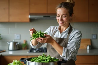 Femme versant des haricots verts frais dans une cocotte minute en inox sur un plan de travail familial
