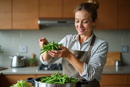 Femme versant des haricots verts frais dans une cocotte minute en inox sur un plan de travail familial