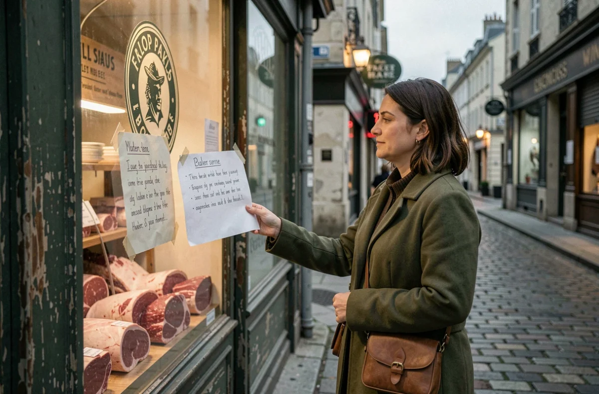 Femme consultant les horaires d'ouverture affichés sur la vitrine d'une boucherie fermée dans une rue pavée française