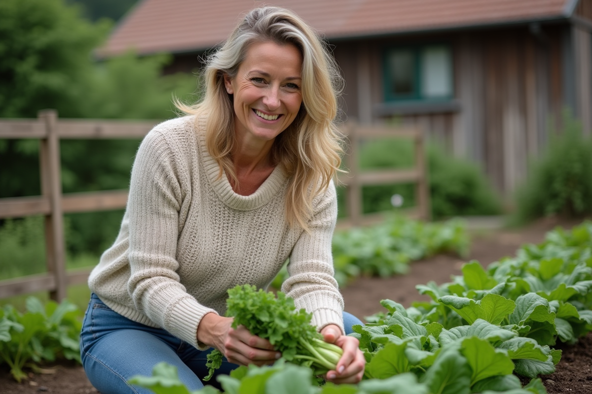 Femme souriante dans son jardin bio en extérieur