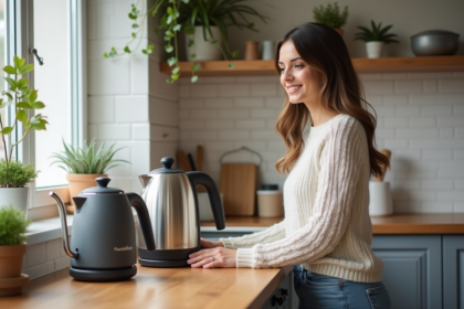 Jeune femme examine des bouilloires modernes dans la cuisine