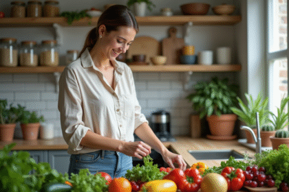 Femme souriante arrangeant des légumes frais dans la cuisine