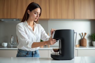 Femme examinant une machine à café moderne dans une cuisine minimaliste