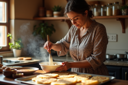 Femme maghrebine prépare des baghrirs dans la cuisine