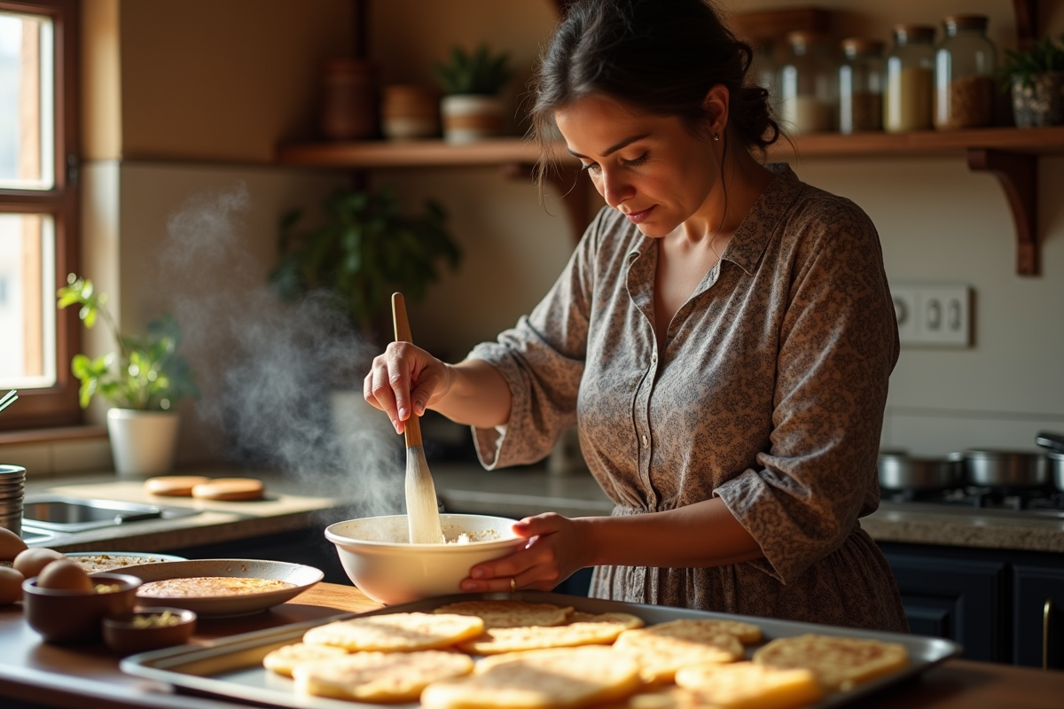 Femme maghrebine prépare des baghrirs dans la cuisine