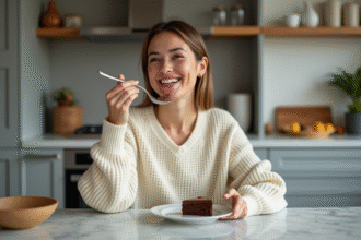 Femme souriante dégustant un gâteau au chocolat dans une cuisine moderne