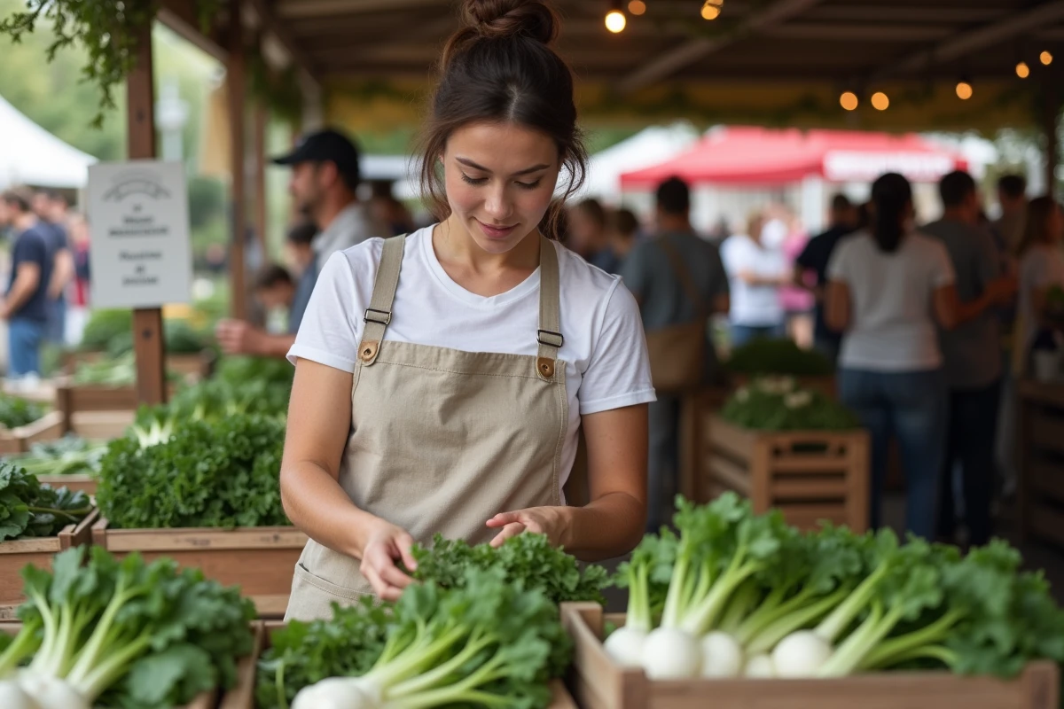 Femme choisissant des légumes en S au marché : salsifis et oseille pour un régime alimentaire sain