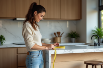Femme mesurant la hauteur d'un comptoir de cuisine moderne