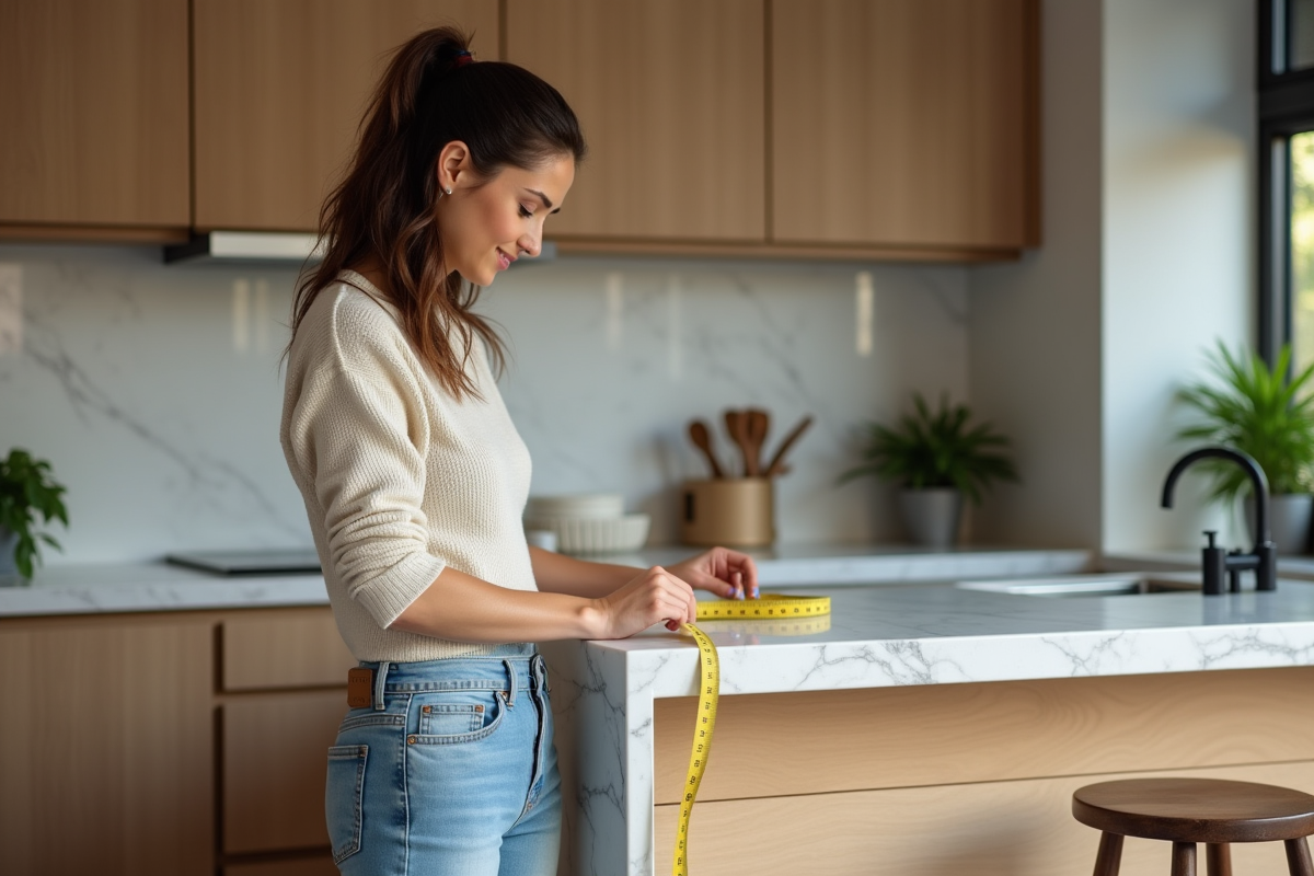Femme mesurant la hauteur d'un comptoir de cuisine moderne