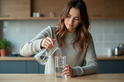 Femme versant de l'eau dans un bécher en cuisine