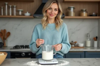 Femme en cuisine mesurant de la farine avec une balance