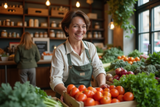 Femme française arrangeant légumes bio dans une boutique parisienne