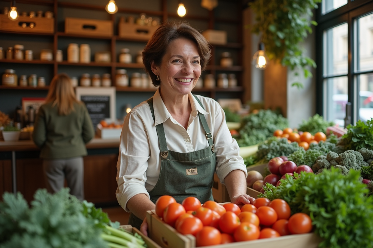 Femme française arrangeant légumes bio dans une boutique parisienne