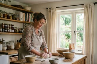 Femme en cuisine rustique pétrissant la pâte avec sourire naturel