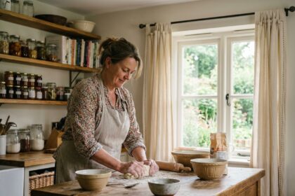 Femme en cuisine rustique pétrissant la pâte avec sourire naturel