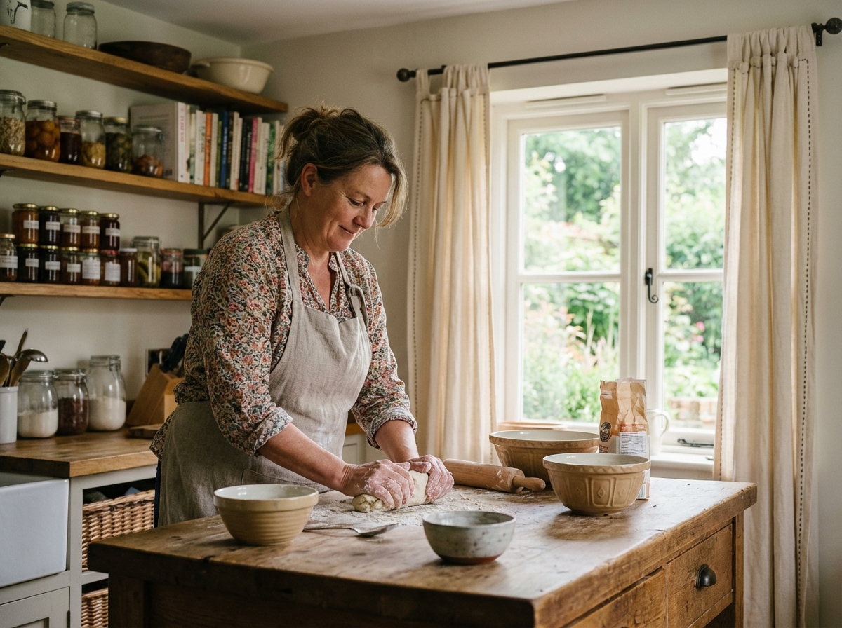 Femme en cuisine rustique pétrissant la pâte avec sourire naturel