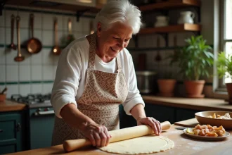 Femme en tablier roulant la pâte pour pastilla de fruits de mer
