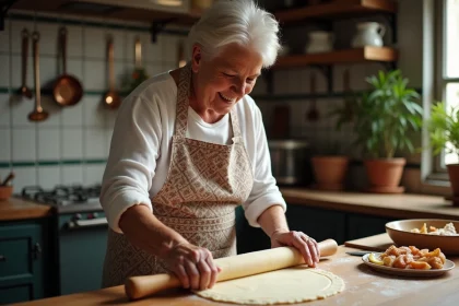 Femme en tablier roulant la pâte pour pastilla de fruits de mer