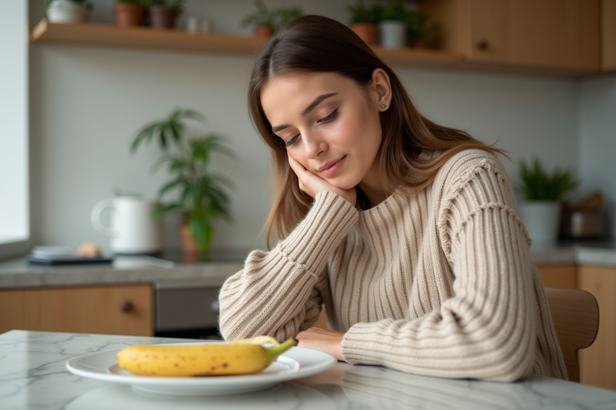 Jeune femme pensant au petit déjeuner dans la cuisine