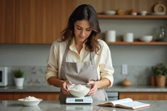 Femme en tablier pastel pèse de la farine dans la cuisine