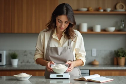 Femme en tablier pastel pèse de la farine dans la cuisine