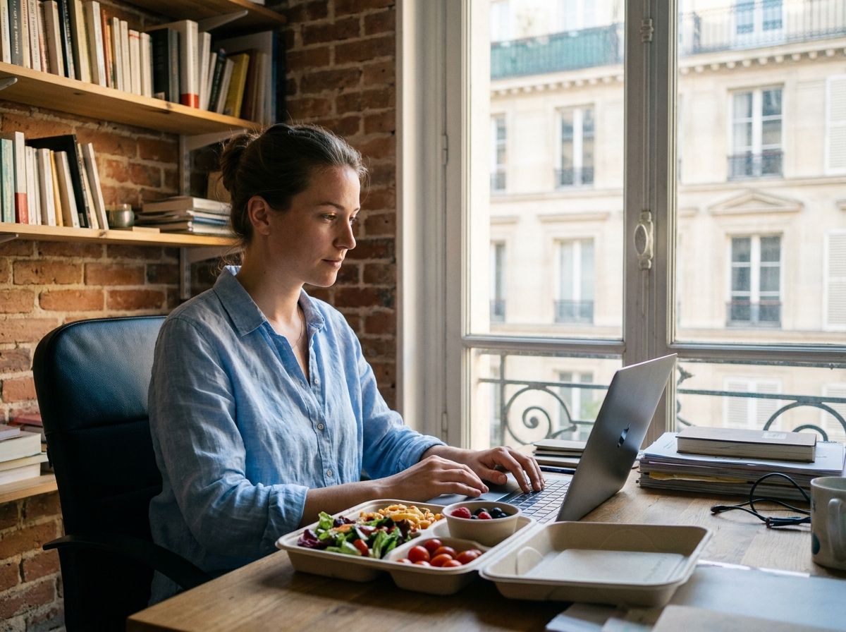 Jeune femme mangeant un plateau-repas à son bureau dans un espace de coworking parisien