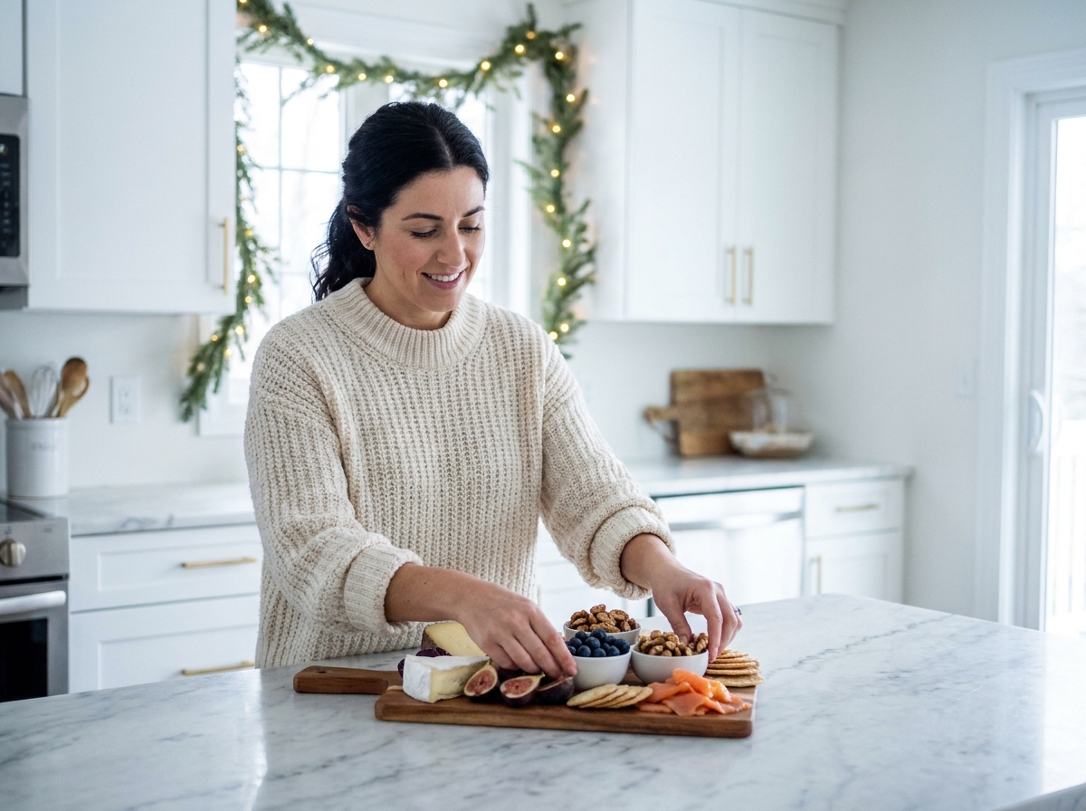 Femme préparant un plateau festif avec myrtilles, noix et saumon fumé, aliments riches en antioxydants pour les yeux
