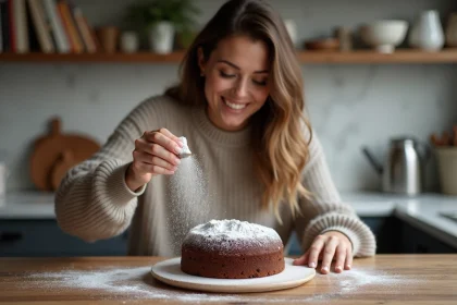 Femme souriante saupoudrant sucre sur gâteau chocolat