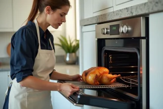 Femme plaçant un poulet rôti dans un four à chaleur statique en cuisine moderne