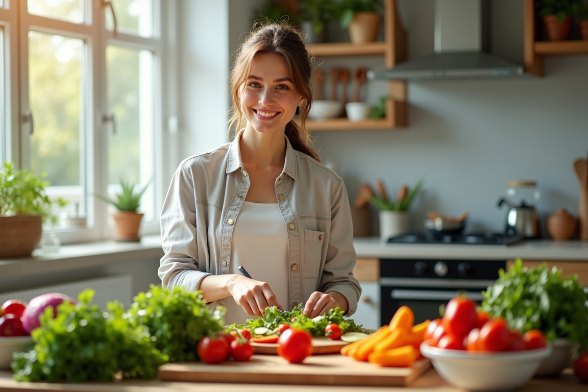 Jeune femme préparant une salade saine dans la cuisine lumineuse