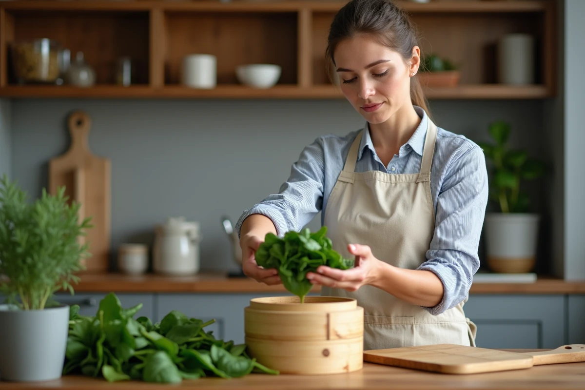 Femme en tablier de lin plaçant des épinards frais lavés dans un panier vapeur en bambou dans une cuisine maison